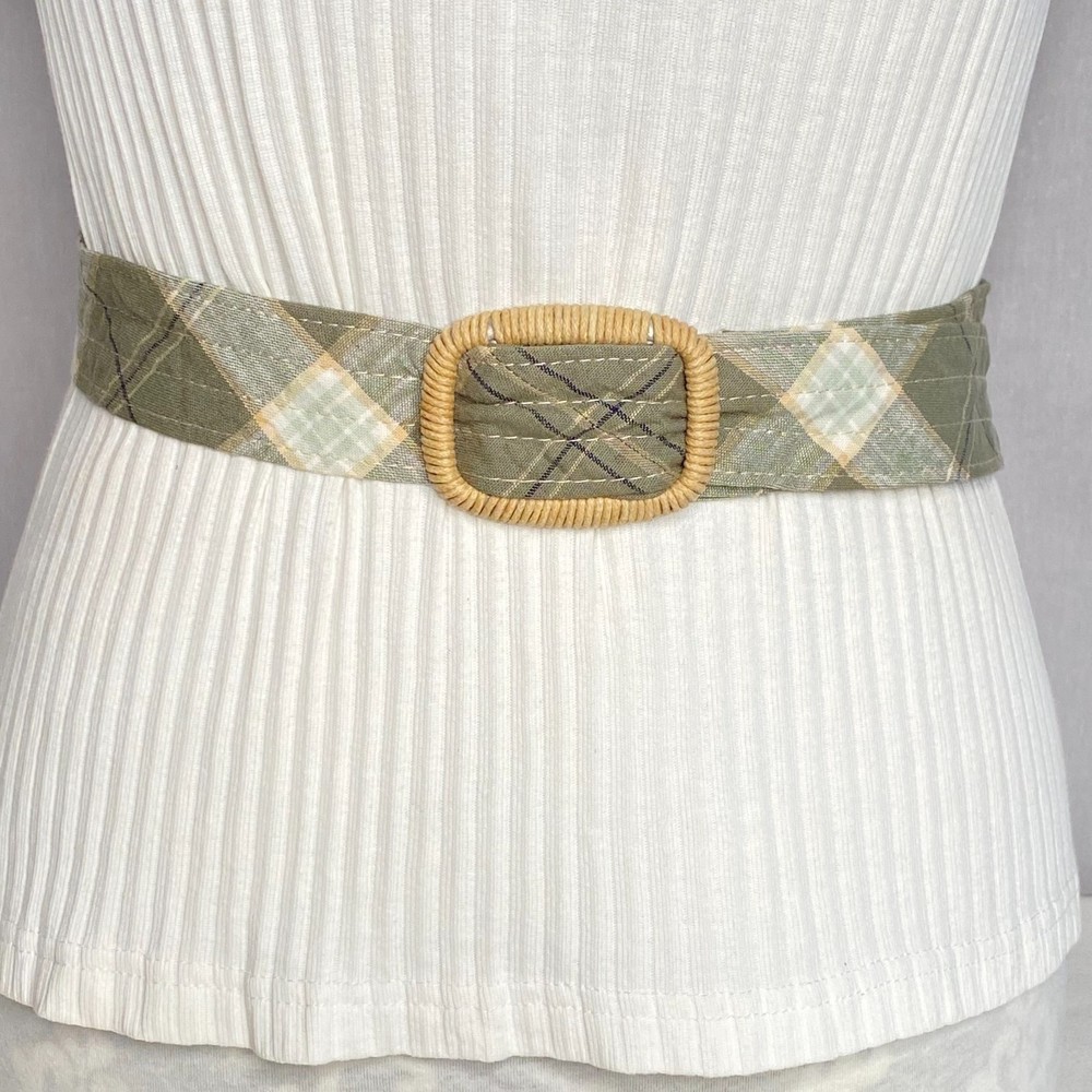 💎Womens Green White Plaid Woven Fabric Belt Size 10 Casual